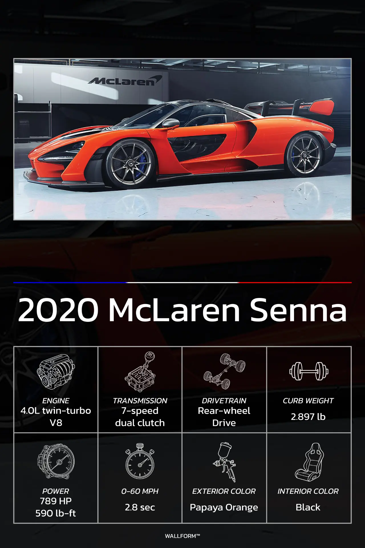 2020 McLaren Senna WALLFORM metal print with vehicle spec sheet